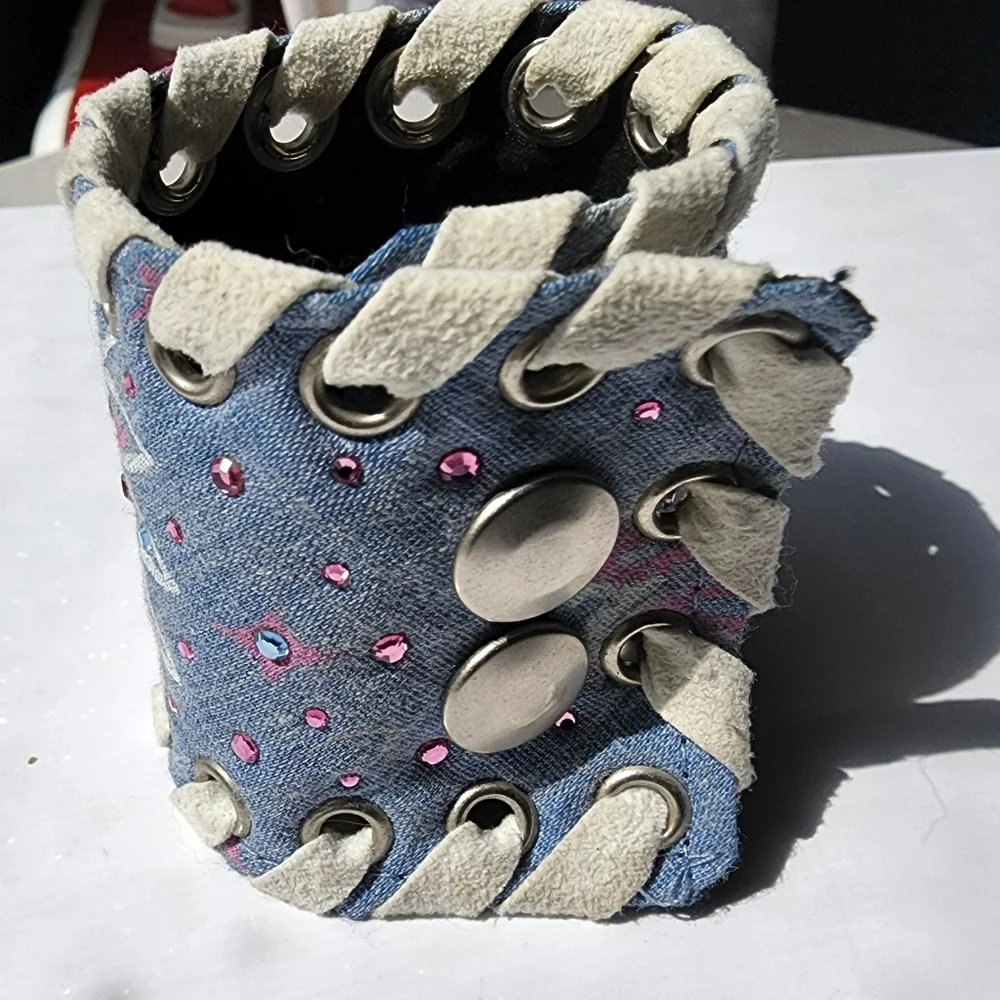 OOAK Textile blue, hot pink rhinestone and suede band snap button bracelet,